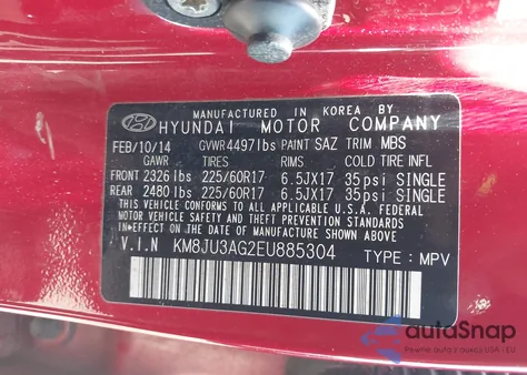 2014 Hyundai Tucson Se from USA, damaged, VIN KM8JU3AG2EU885304